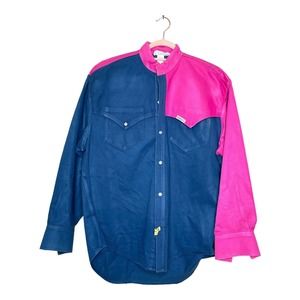 Vintage Slammers Large Mens Blue Pink Long Sleeve Collared Button Up Shirt